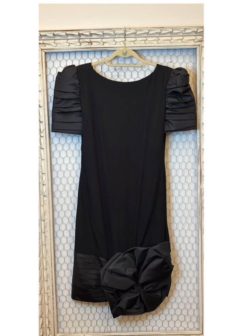 Victor Costa Vintage Classic Black Puff Sleeve Cocktail Dress with Bow Accent